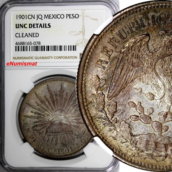 Mexico SECOND REPUBLIC Silver 1901 CN JQ Peso NGC UNC DETAILS Culiacan  KM# 409