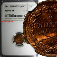 Sweden Oscar I Copper 1847 1/6 Skilling NGC MS65 RB NICE RED TOP GRADED KM# 656