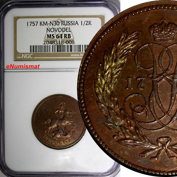 RUSSIA Elizabeth Copper 1757 Denga 1/2 Kopeck NGC MS64 RB Bit-502 (R2) KM# N30