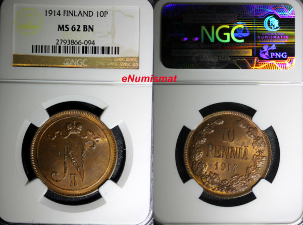 Finland Russia Nicholas II Copper 1914 10 Pennia NGC MS62 BN Mintage-605,0 KM#14