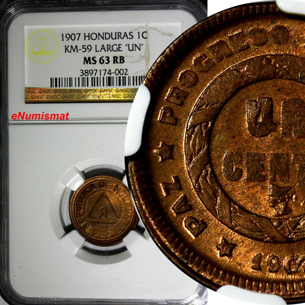 Honduras Bronze 1907 1 Centavo large UN  NGC MS63 RB KM# 59