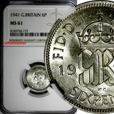 GREAT BRITAIN George VI Silver 1941 6 Pence NGC MS61  KM# 852