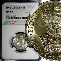 Great Britain George V (1910-1936) Silver 1936 1 Shilling NGC MS62  KM# 833