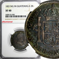 Guatemala Ferdinand VII Silver 1821 NG M 2 Reales NGC XF40 RAINBOW TONING KM# 67
