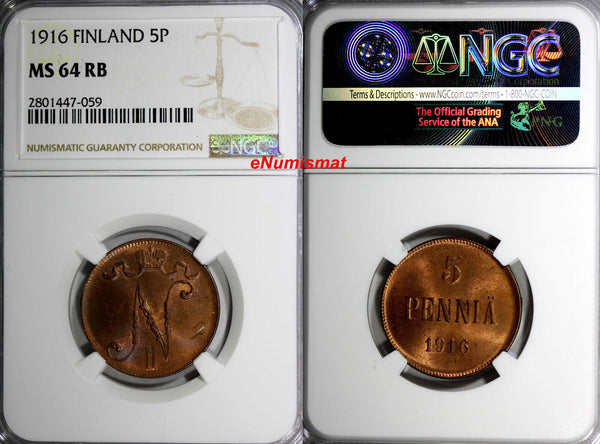 Finland Russian Tsar Nicolas II (1895-1917) 1916 5 Pennia NGC MS64 RB KM# 15/059