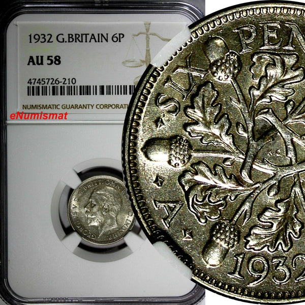 GREAT BRITAIN George V Silver 1932 6 Pence NGC AU58 BETTER DATE KM# 832