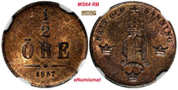 SWEDEN Oscar I Bronze 1857 1/2 Ore NGC MS64 RB RED BROWN KM# 686