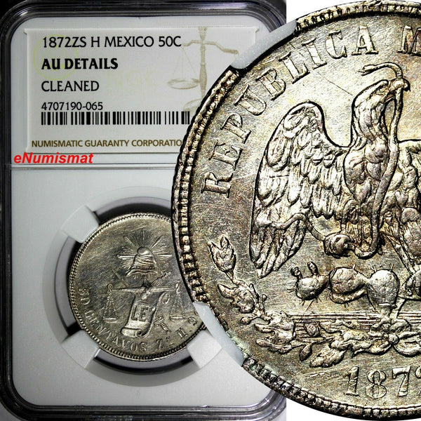 Mexico Silver 1872 Zs H 50 Centavos NGC AU DETAILS Low Mintage-132,000 KM# 407.8