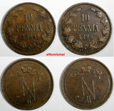 FINLAND Nicholas II Copper LOT OF 2 COINS 1896,1899 10 Penniä KM# 14