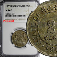 British North Borneo 1903 2-1/2 Cent NGC MS62 LIGHT TONED Heaton Mint RARE KM# 4