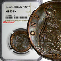 GREAT BRITAIN George V Bronze 1936 1 Penny NGC MS65 BN NICE TONING KM# 838