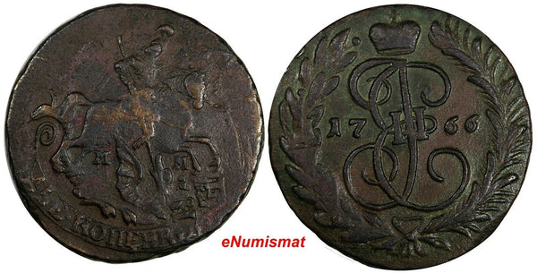 Russia 1766 MM 2 Kopecks Struck Over 4 Kopecks Krasny Mint, Moscow ch.VF C# 58.5