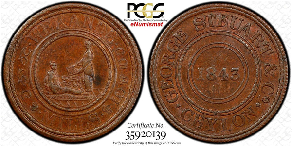 Ceylon (Sri Lanka) 1843 TOKEN Wekande Mills PCGS MS62 BN  PRID-96 (139)