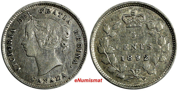 CANADA Victoria Silver 1892  5 Cents Mintage-860,000 BETTER DATE KM# 2