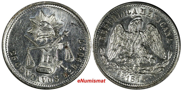 Mexico Silver 1876 Mo B 25 Centavos Mexico City Mint UNC KM#406.7