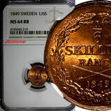 SWEDEN Oscar I Copper 1849 1/6 Skilling Mintage-536,544 NGC MS64 RB KM# 656