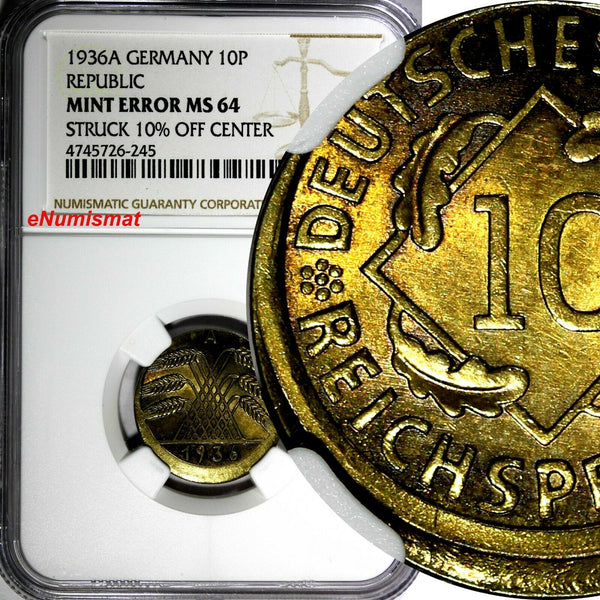Germany-Weimar Republic 1936 A 10 Reichspfennig NGC MINT ERROR MS64 KM# 40