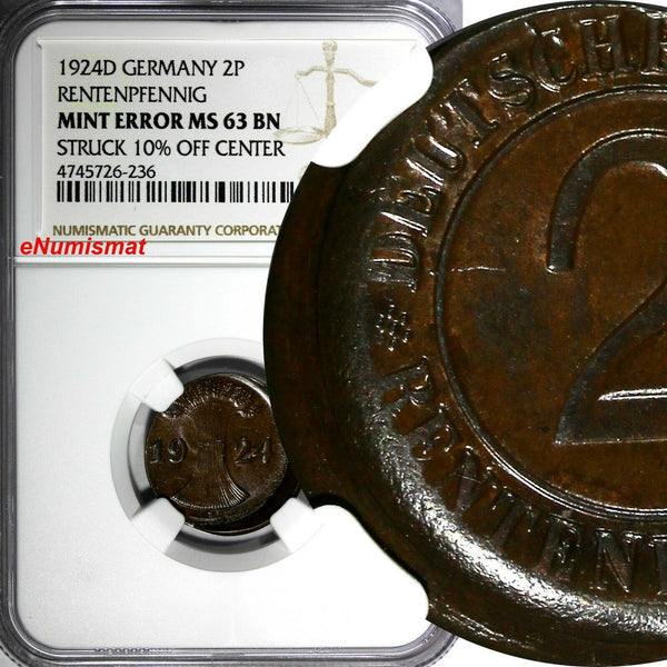 Germany-Weimar Bronze 1924 D 2 Rentenpfennig NGC MINT ERROR MS63 BN KM#31