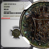 Spain MADRID Isabel II Silver 1859 1 Real NGC MS64 RAINBOW TONING KM# 606.2