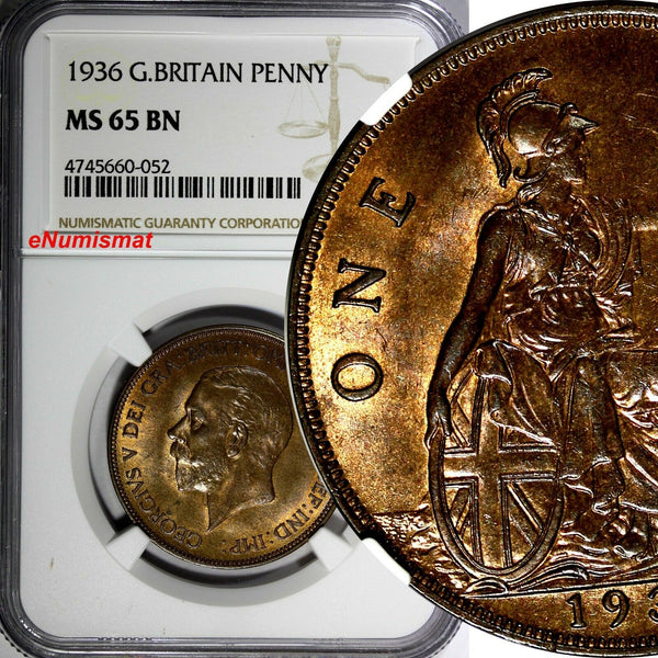 GREAT BRITAIN George V Bronze 1936 1 Penny NGC MS65 BN NICE TONING KM# 838