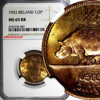 Ireland Republic Bronze 1953 1/2 Half Penny NGC MS65 RB NICE RED KM# 10