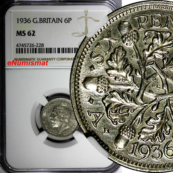 GREAT BRITAIN George V Silver 1936 6 Pence NGC MS62 LAST YEAR FOR TYPE KM# 832