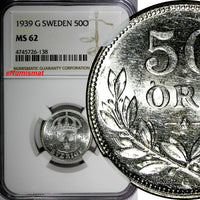 SWEDEN Gustaf V Silver 1939 G 50 Ore NGC MS62  KM# 788