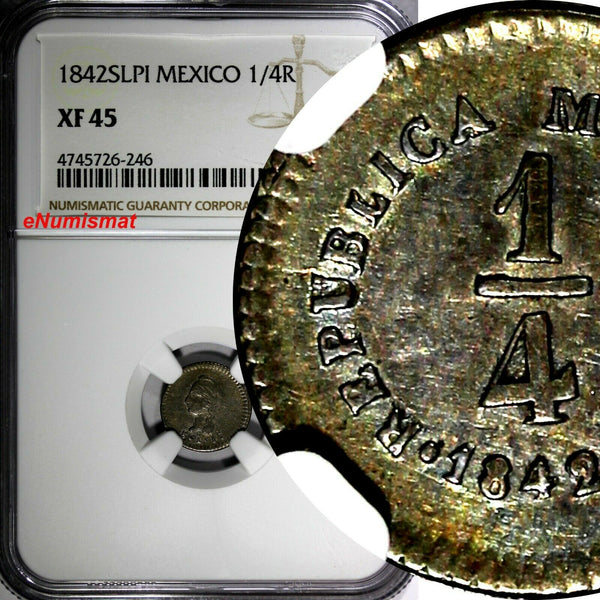 Mexico FIRST REP. 1842 SLPI 1/4 Real San Luis Potosí NGC XF45  SCARCE KM# 368.7