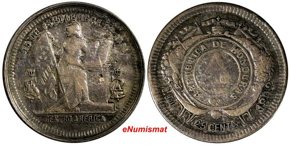 Honduras Silver 1892/1 25 Centavos OVERDATE Toned 24 mm KM# 50