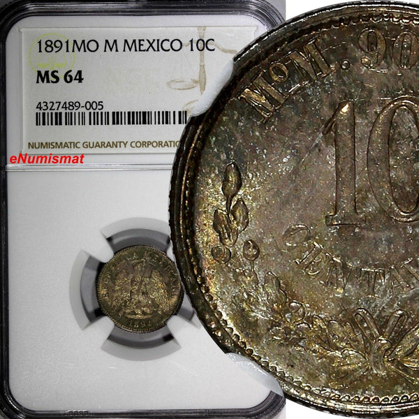 Mexico SECOND REP.Silver 1891 Mo M 10 Centavos NGC MS64 1 GRADED HIGHEST KM403.7