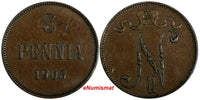 Finland Nicholas II Copper 1905 5 Pennia Mintage-620,000 BETTER DATE KM# 15