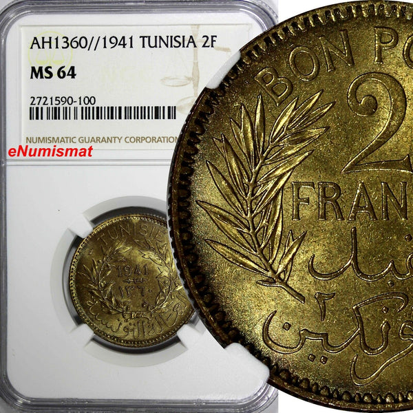 TUNISIA Anonymous Aluminum-Bronze AH1360//1941 2 Francs NGC MS64 TOP GRADE KM248