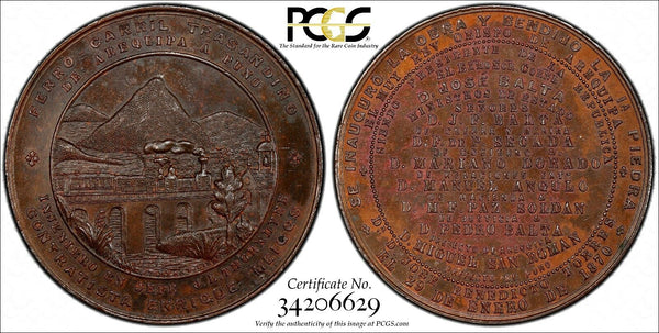 PERU SPECIMEN 1870 MEDAL Railroad Proclamation PCGS SP62 BN TOP GRADED Fon-9177