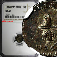 Peru Silver 1847 1/4 Real Lima Mint BETTER DATE NGC XF45 TOP GRADED KM# 143.1