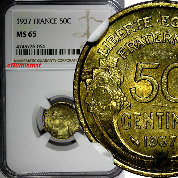 FRANCE Aluminum-Bronze 1937 50 Centimes NGC MS65 1 GRADED HIGHEST KM# 894.1