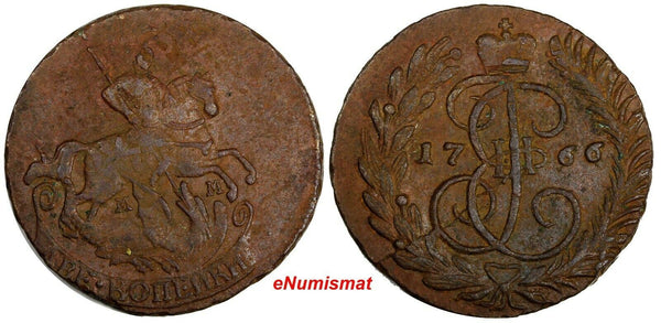Russia CATHERINE II Copper 1766 MM 2 Kopecks  Krasny Mint,Moscow C# 58.5(14 928)
