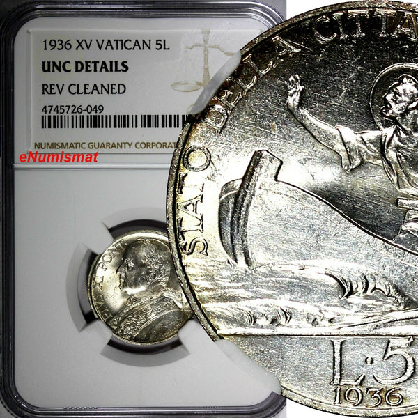 Vatican City Pius XI (1922-1939) Silver 1936/XV 5 Lire NGC UNC DETAILS KM# 7