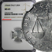 Italy 1956 R 1 Lira NGC MS63 BETTER DATE TOP GRADED BY NGC SCARCE KM# 91