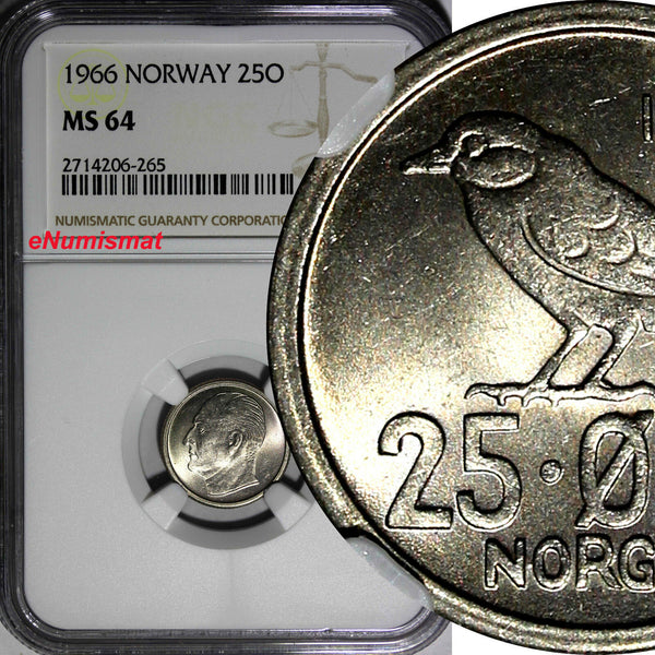 Norway Olav V Copper-Nickel 1966 25  Øre NGC MS64 TOP GRADED BY NGC KM# 407