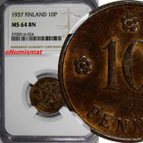 Finland Copper 1937 10 Pennia NGC MS64 BN TOP GRADED BY NGC KM# 24
