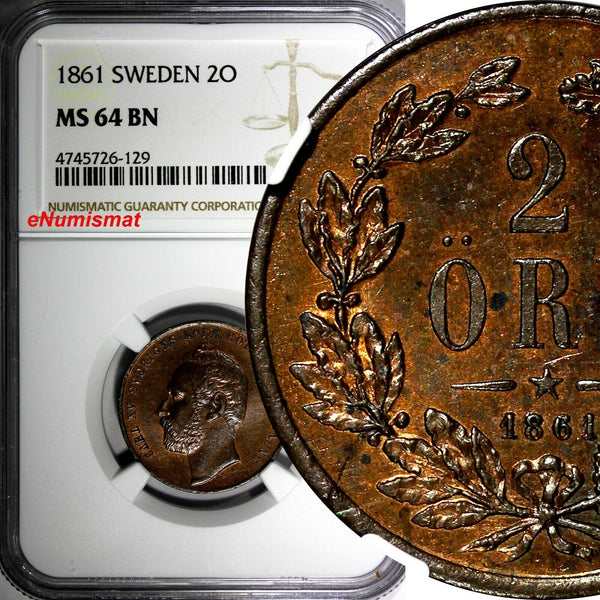SWEDEN Carl XV Bronze 1861 2 Ore NGC MS64 BN NICE TONED TOP GRADED BY NGC KM#706