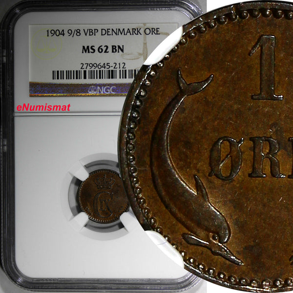 Denmark Bronze 1904 9/8 VBP 1 Ore NGC MS62 BN OVERDATE TOP GRADED COIN KM# 792.2