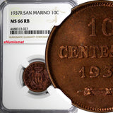 San Marino Bronze 1937-R 10 Centesimi NGC MS66 RB TOP GRADED BY NGC NICE KM# 13