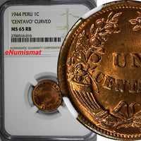 Peru Bronze 1944 1 Centavo NGC MS65 RB NICE RED !!! TOP GRADED BY NGC ! KM# 211a