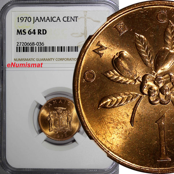 Jamaica Bronze 1970 1 Cent NGC MS64 RD FULL RED TONING .TOP GRADED BY NGC KM# 45