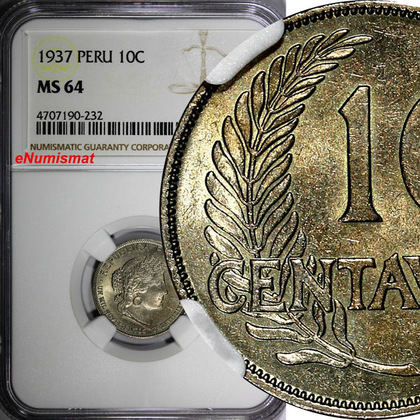 PERU Copper-Nickel 1937 10 Centavos NGC MS64 TOP GRADED BY NGC KM# 214.2