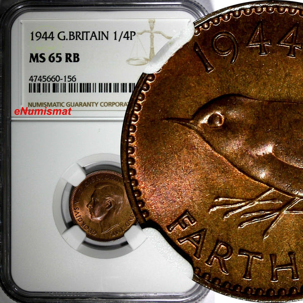 Great Britain George VI Bronze 1944 Farthing NGC MS65 RB TOP GRADED BY NGC KM843