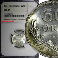 SWEDEN Gustaf V Silver 1931-G 50 Ore NGC MS65 TOP GRADED BY NGC GEM BU  KM# 788