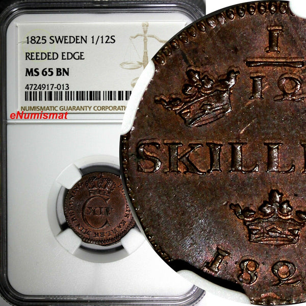 SWEDEN Carl XIV Johan Copper 1825 1/12 Skilling  NGC MS65 BN  KM# 616 (013)