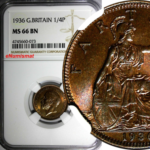 Great Britain George V (1910-1936) 1936 Farthing NGC MS66 BN TOP GRADED KM# 825